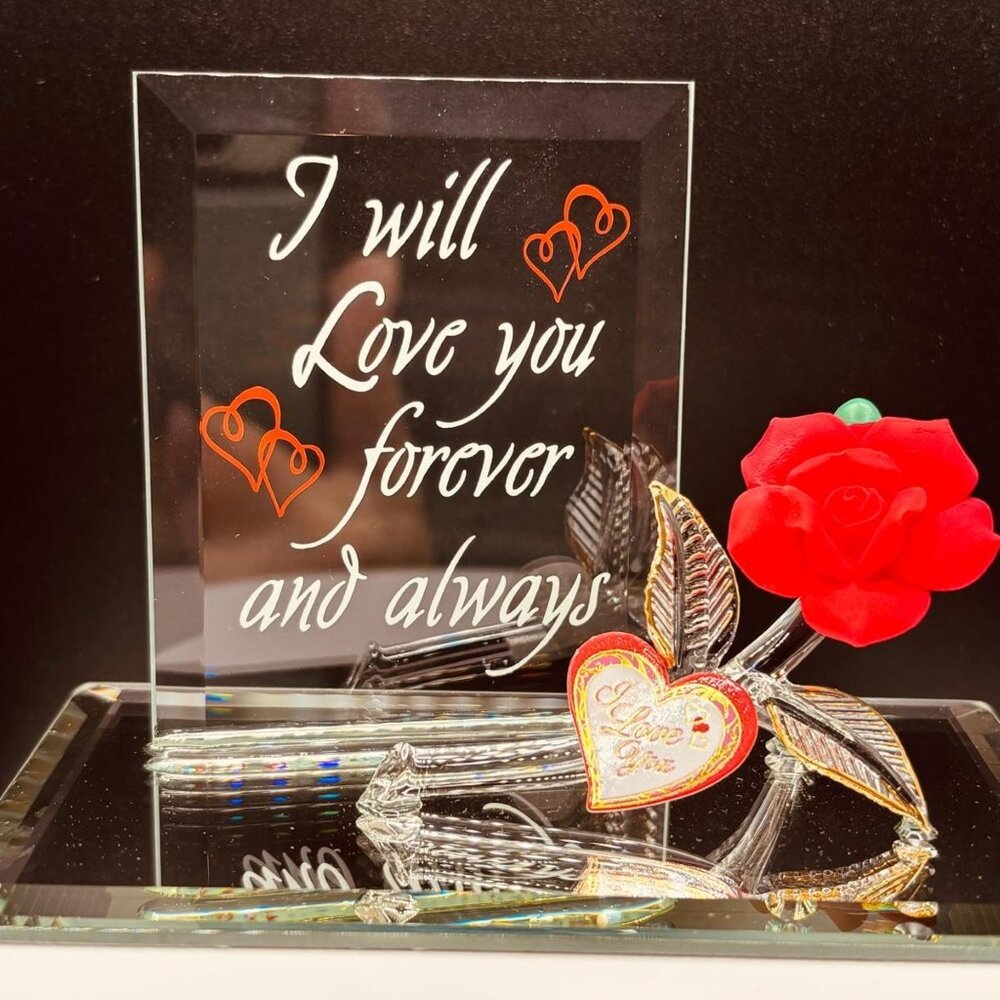 Red Rose Forever and Always Glass Figurine on Mirror Romantic Decor Gift